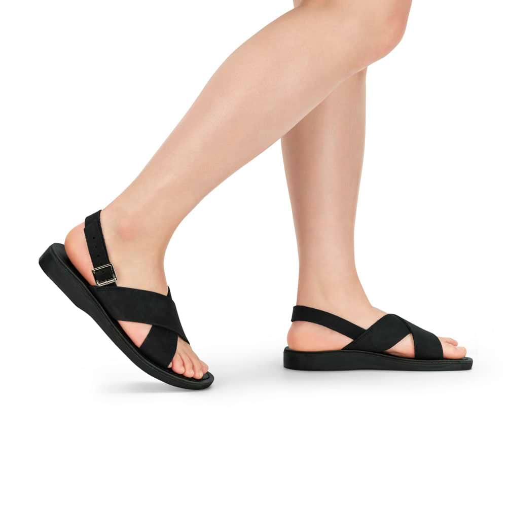 Elan Buckle | Black Nubuck Leather Thick Strap Sandal
