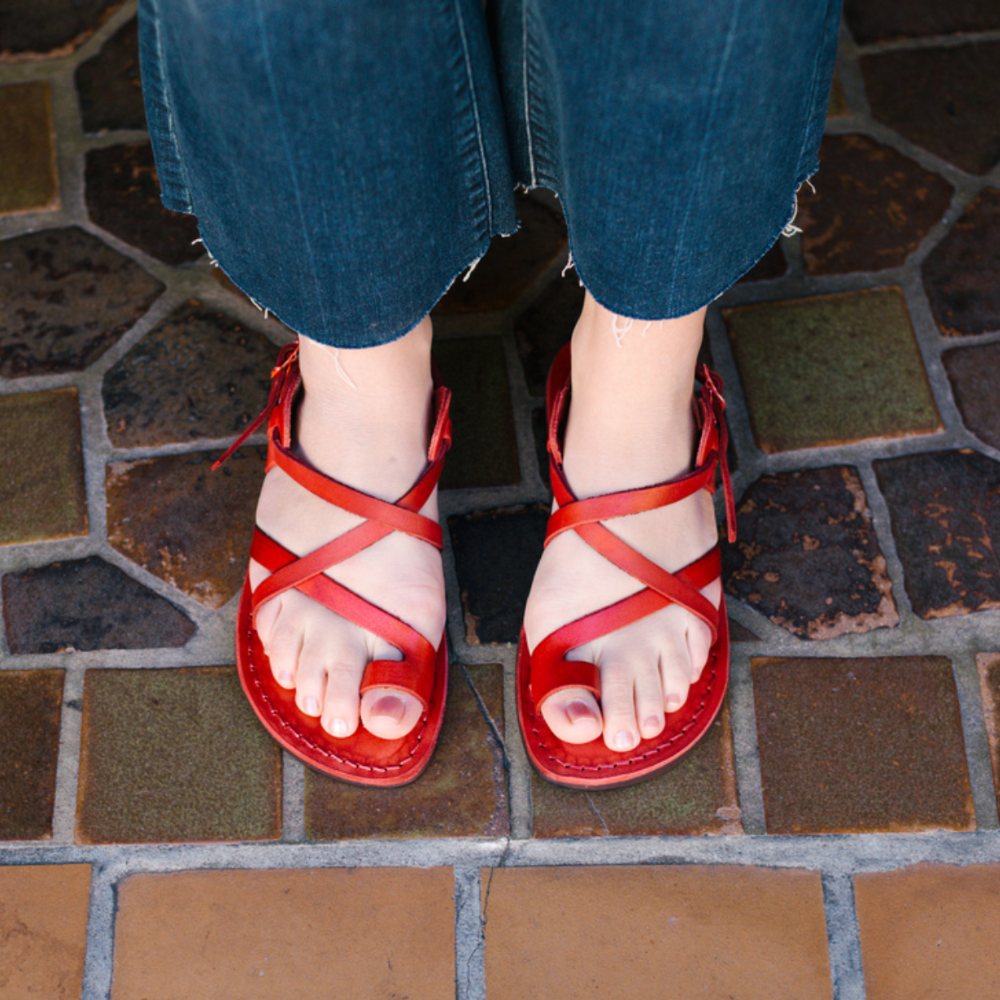 The Good Shepherd Buckle - Leather Toe Loop Sandal | Red