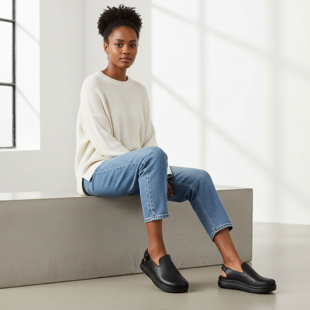 Anchor - Back-Strap Leather Clog | Black