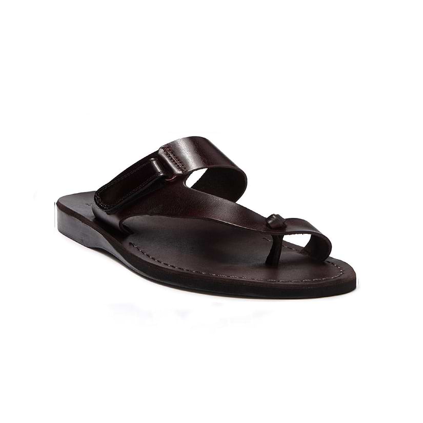 Rafael brown, handmade leather slide sandals with side velcro and toe loop - Front View