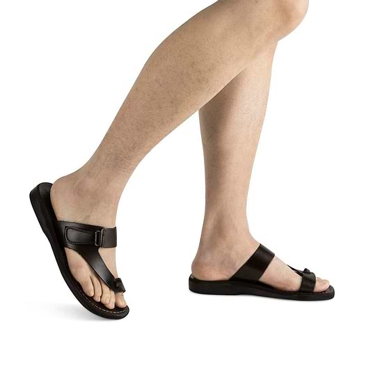 Rafael brown, handmade leather slide sandals with side velcro and toe loop - model View