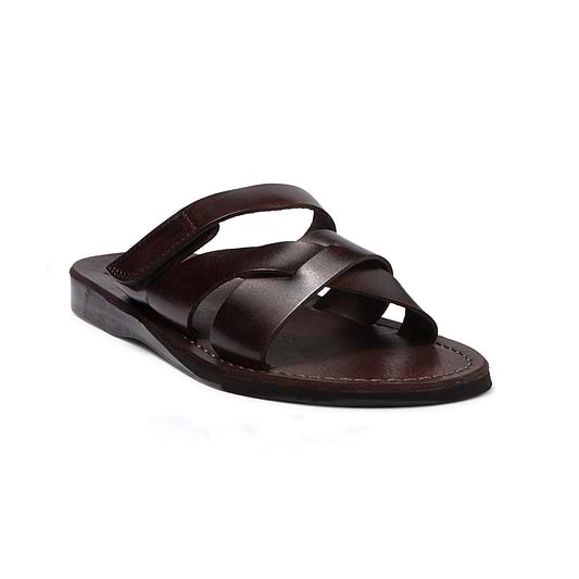 Rafael brown, handmade leather slide sandals with side velcro strap - Front View
