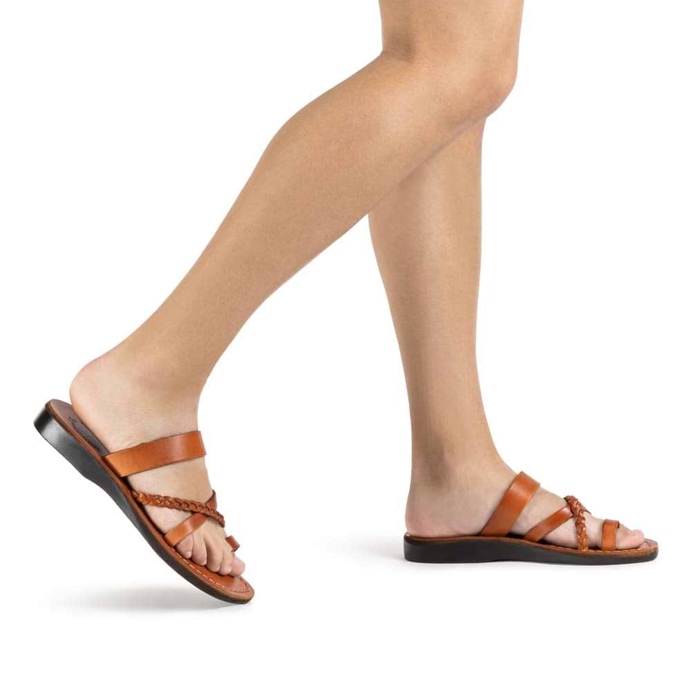 Sophia - Leather Braided Flat Sandal | Honey