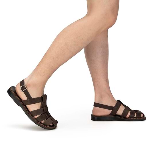 Model wearing Michael Brown Nubuck closed toe leather sandal - side view