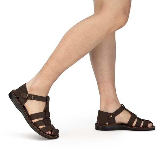Model wearing Daniel Brown Nubuck closed toe leather sandal - side view