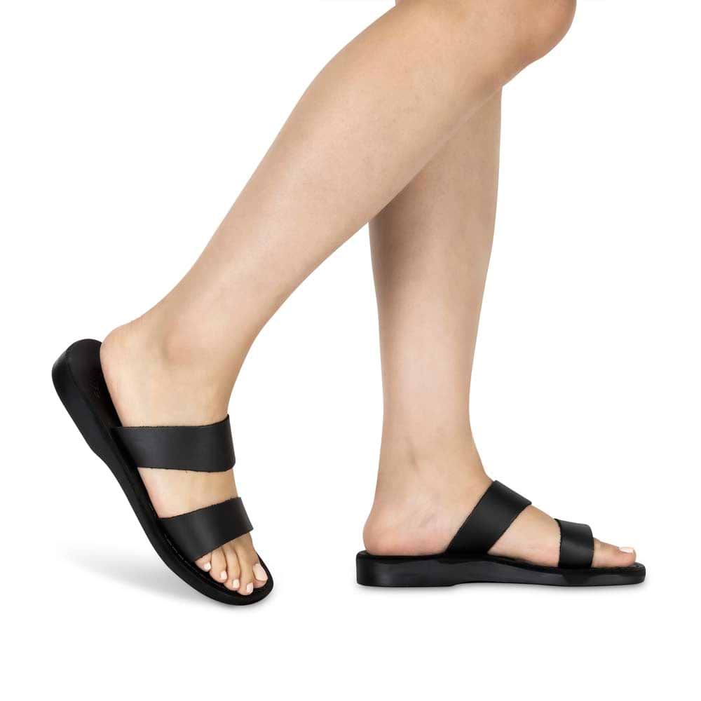 Aviv | Black Leather Wide Strap Sandal display picture 2