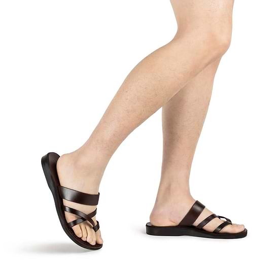 Exodus Brown, handmade leather slide sandals with toe loop - Front View