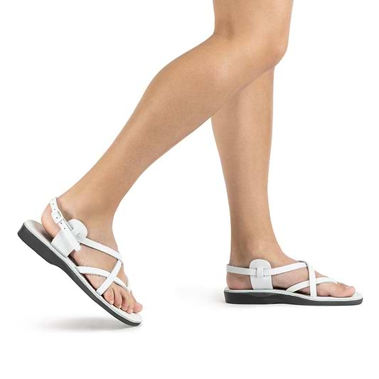 Tamar Buckle white, handmade leather sandals with back strap - Front View