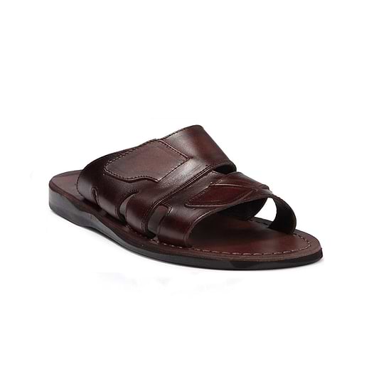 Mateo brown, handmade leather slide sandals - Front View