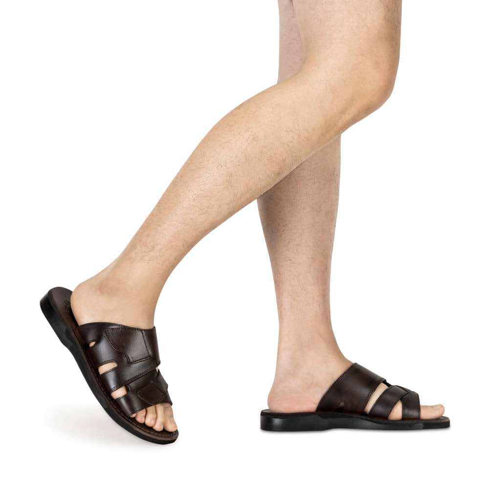Men's Leather Open Toe Slide Sandals - Mateo Brown