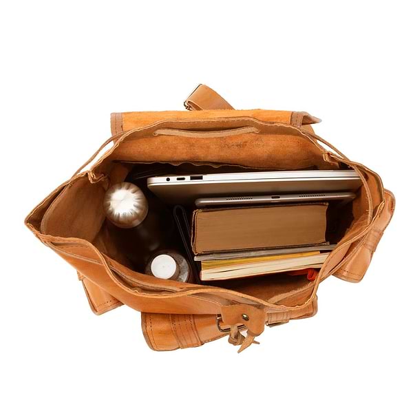 Handcrafted Brown Leather Backpack - Side Pockets