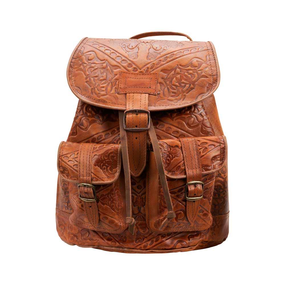 Embossed Leather Backpack, Brown Jerusalem Sandals