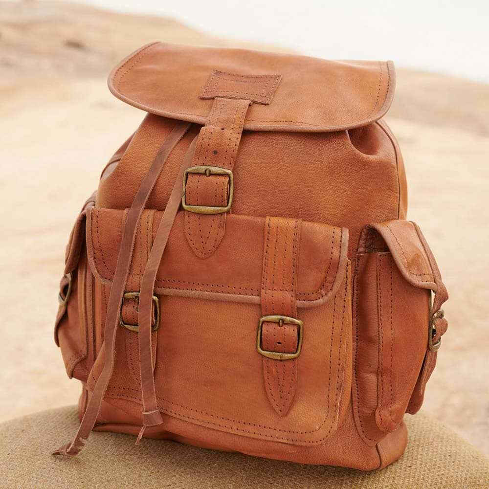 Handcrafted Brown Leather Backpack Side Pockets