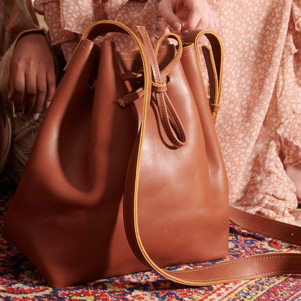 Honey Leather Bucket Bag, Long Adjustable Strap - Main Image