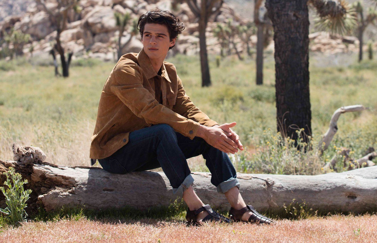 a male model sitting on a tree trunk wearing Jerusalem sandals