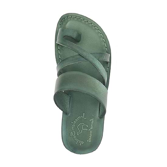 The Good Shepherd green, handmade leather slide sandals with toe loop - up View