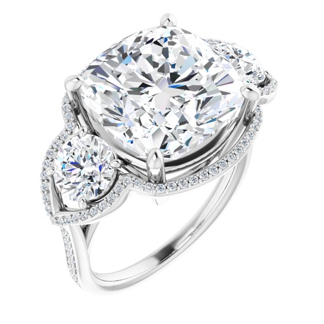 14K White Cushion Three-Stone Halo-Style Engagement Ring Mounting