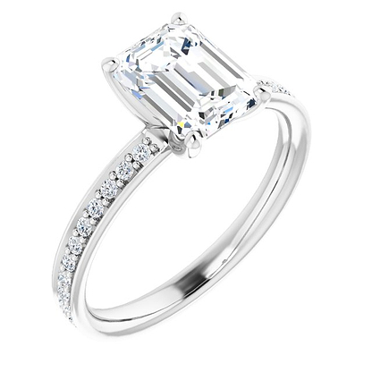 14K White Emerald Accented Engagement Ring