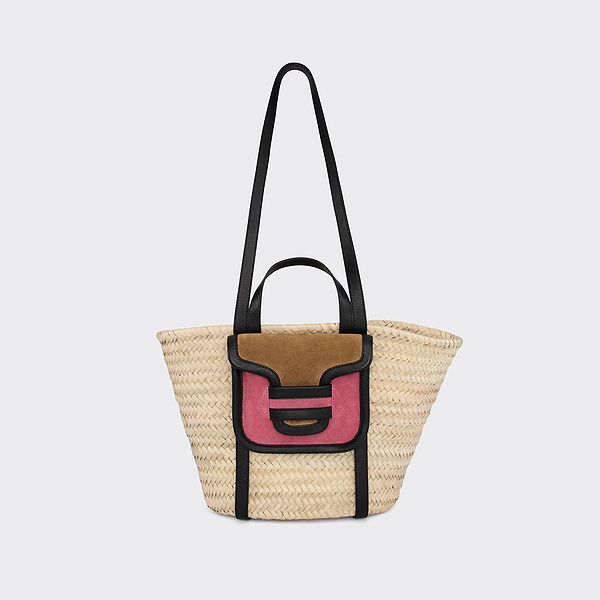 ALPHA basket for women in natural raffia and rosewood & camel