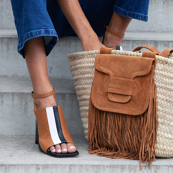 ALPHA RODEO basket for women in raffia & camel leather