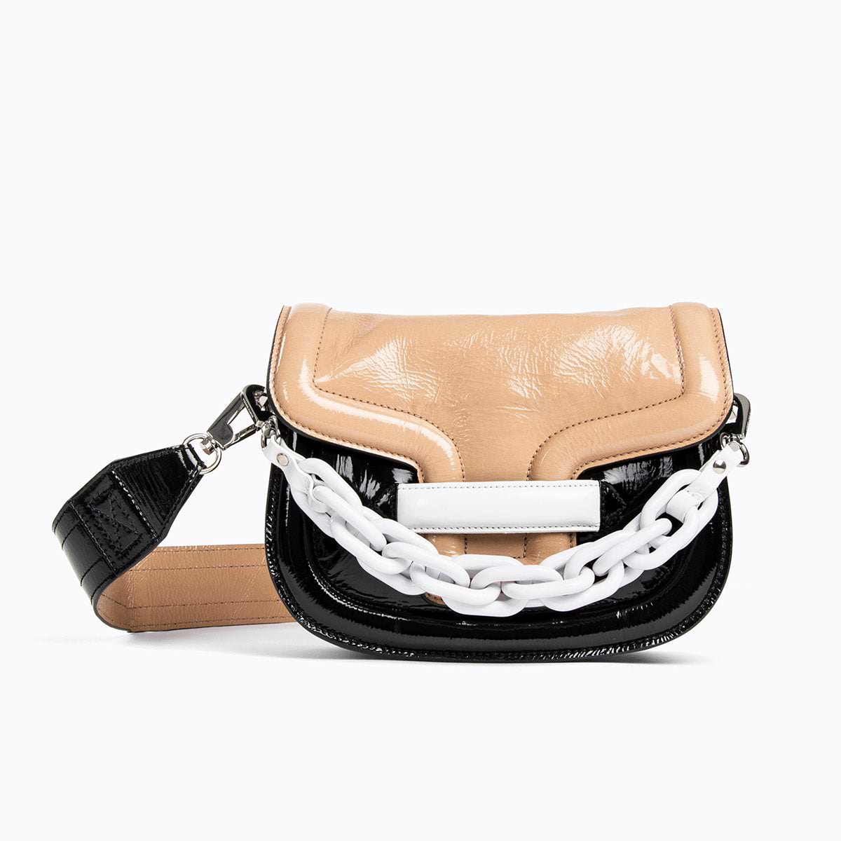 Beige patent leather handbag store