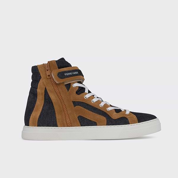 112 high-top sneakers for men in denim & camel leather