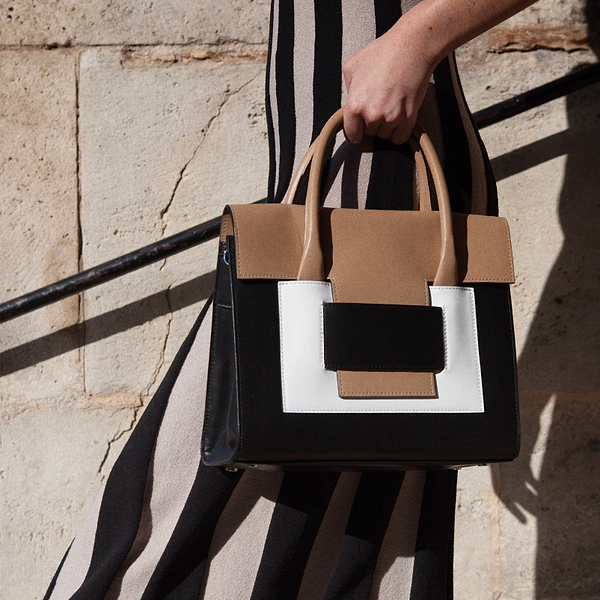 217 CABAS women's bag in cappuccino & black leather — PIERRE