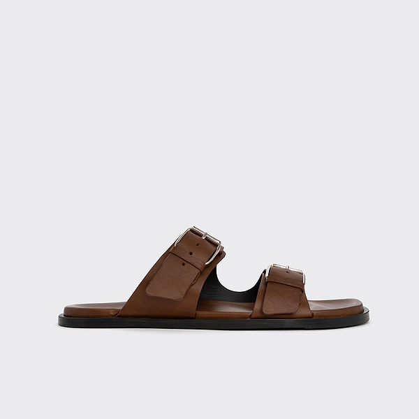 Men's MARLON sandal in leather with double buckles and flat sole
