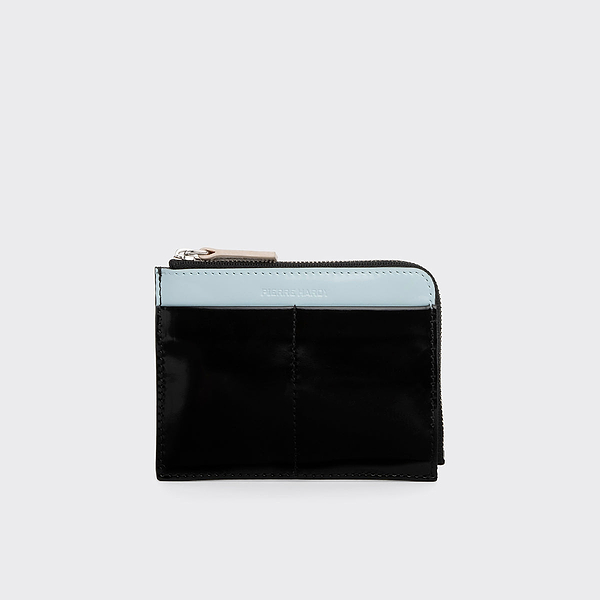 VALOIS coin purse in black and light blue glazed leather — PIERRE