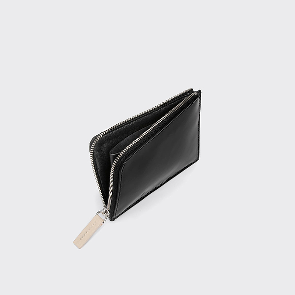 VALOIS coin purse in black and light blue glazed leather — PIERRE