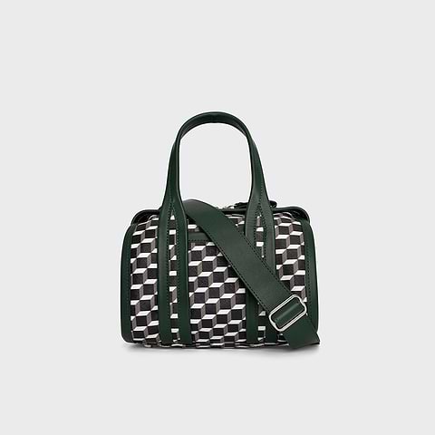 Pierre Hardy SAC NANO CAB, toile enduite cube perspective et ganses en cuir de veau vert