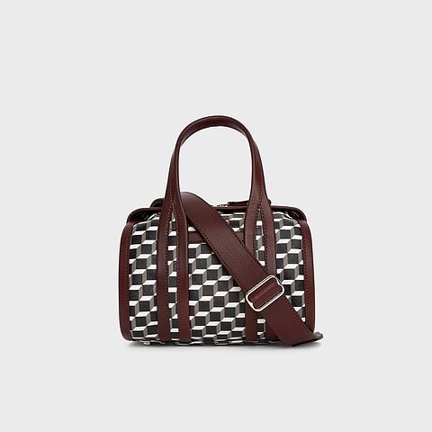 Pierre Hardy SAC MICRO CAB, toile enduite cube perspective et cuir de chèvre grainé bordeaux