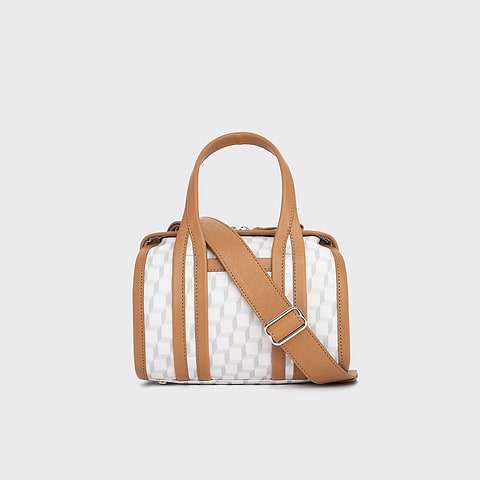 Pierre Hardy SAC MICRO CAB, toile enduite cube perspective blanc et cuir de chèvre grainé camel