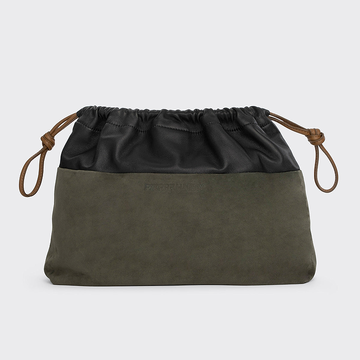 Pierre Hardy TWIN CLUTCH MAXI, khaki suede kidskin and black lambskin, vue 6