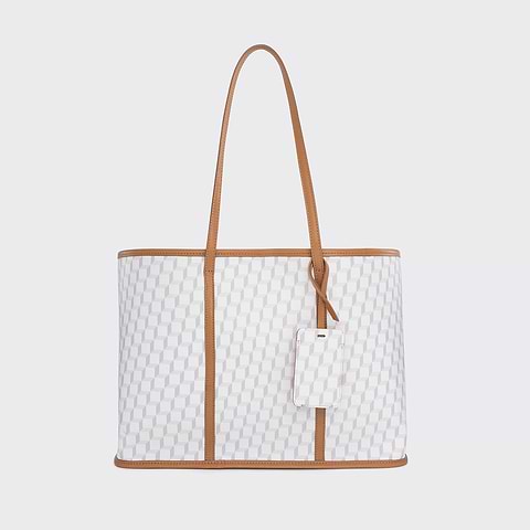 Pierre Hardy CABAS CAB, toile enduite cube perspective blanc et cuir de chèvre grainé camel