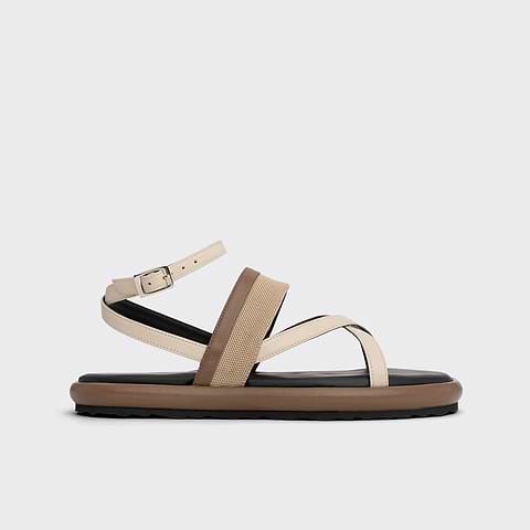 Pierre Hardy ALPHA SANDAL, off-white & camel calfskin and beige nylon canvas
