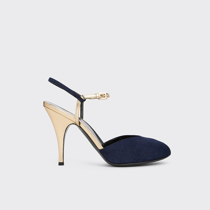 Pierre Hardy GILDA HEELED SANDAL, navy kidskin and champagne lambskin