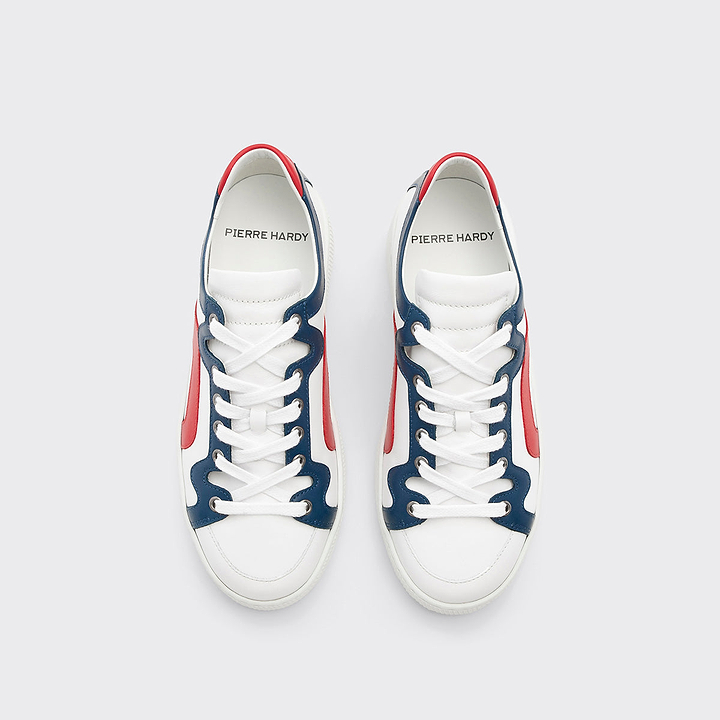 Pierre Hardy BASKETS ALPHA - FEMME, cuir de veau blanc, bleu marine et rouge, vue 2