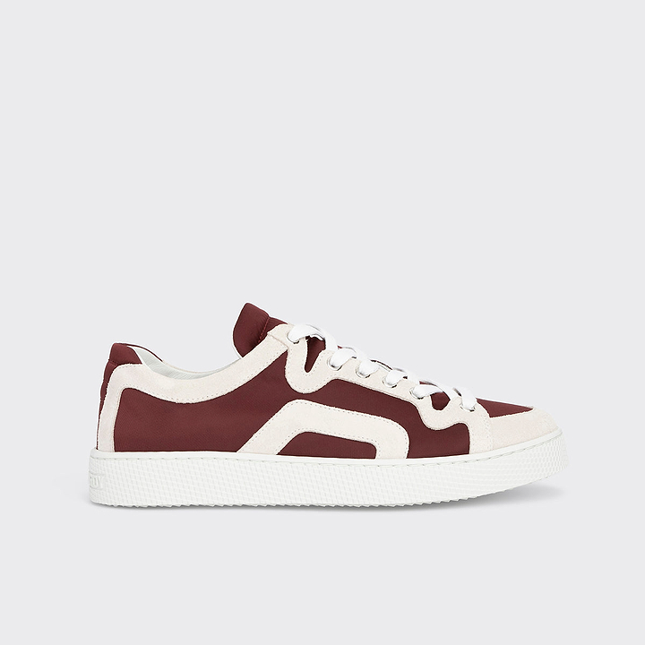 Pierre Hardy BASKETS ALPHA - FEMME, toile de nylon bordeaux et cuir de veau velours blanc