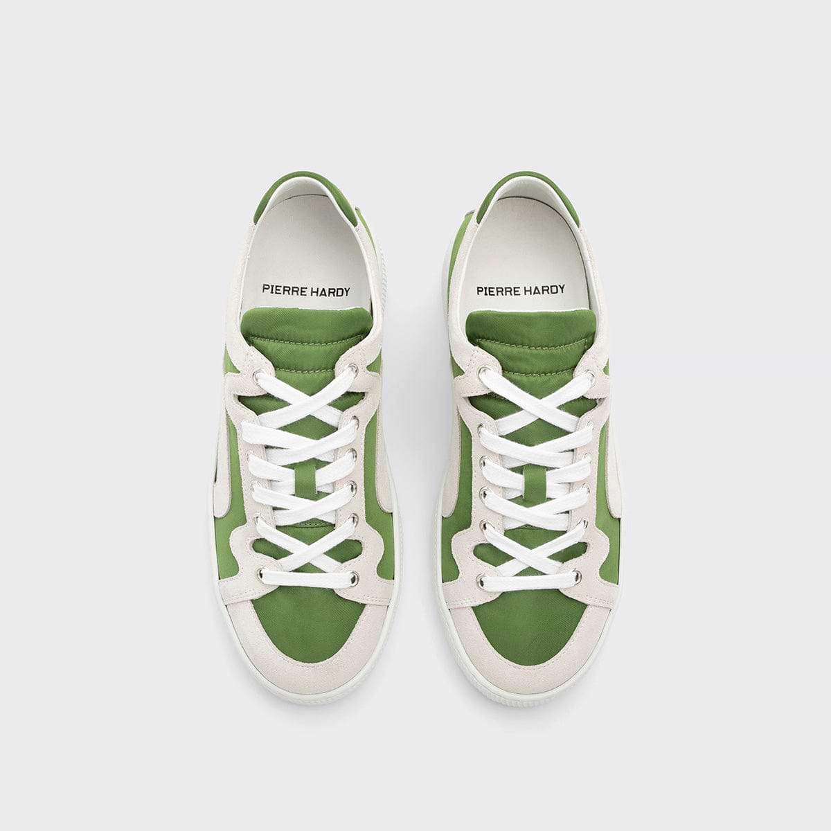Pierre Hardy BASKETS ALPHA - FEMME, toile de nylon verte et cuir de veau velours blanc, vue 3