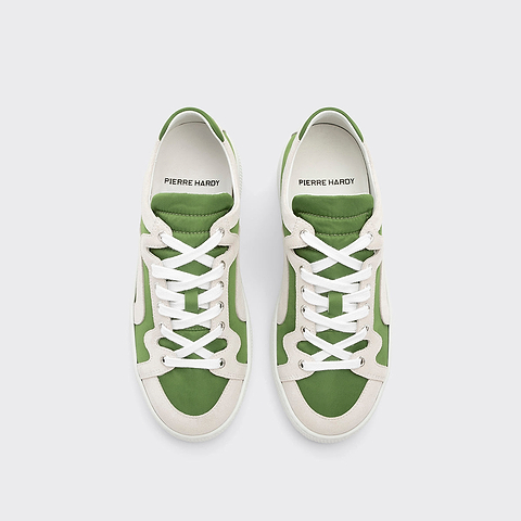 Pierre Hardy BASKETS ALPHA - FEMME, toile de nylon verte et cuir de veau velours blanc, vue 2