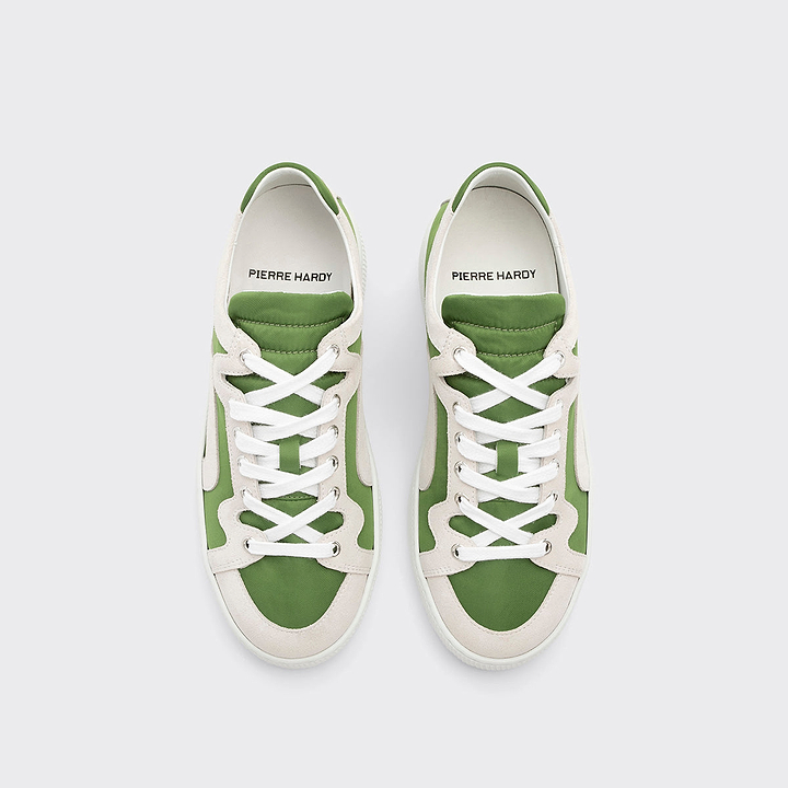 Pierre Hardy BASKETS ALPHA - FEMME, toile de nylon verte et cuir de veau velours blanc, vue 3