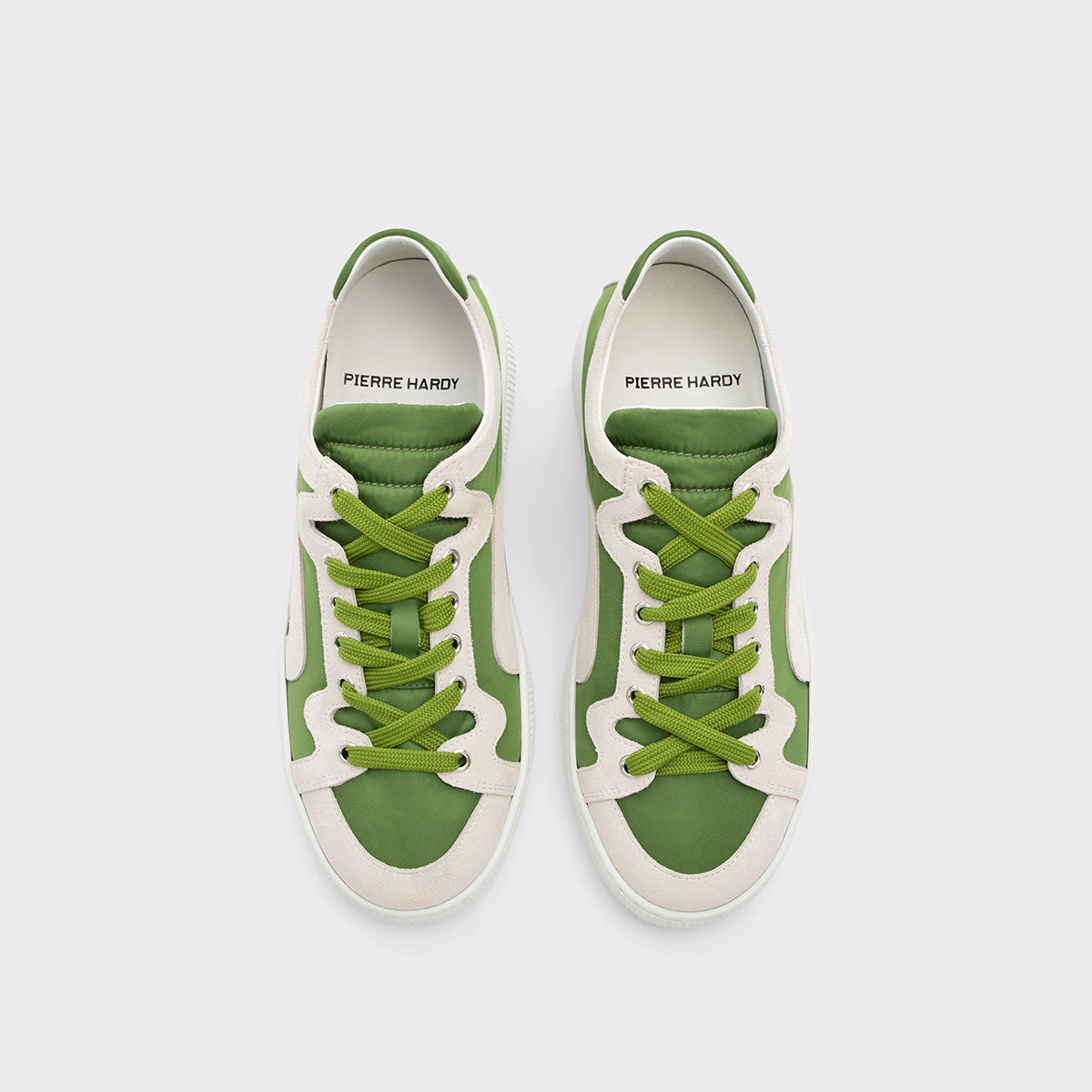 Pierre Hardy BASKETS ALPHA - FEMME, toile de nylon verte et cuir de veau velours blanc, vue 6