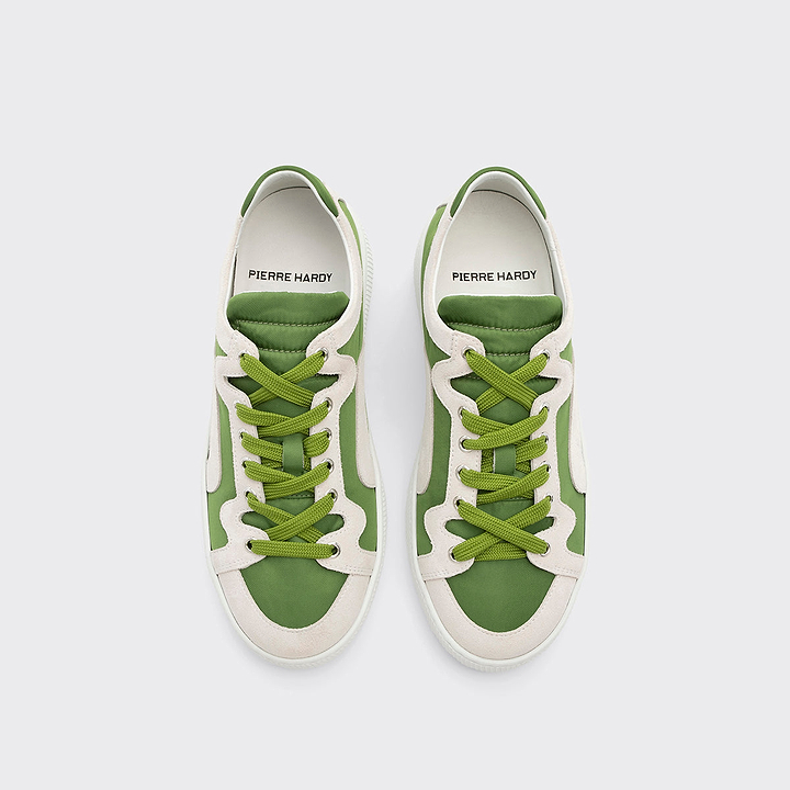 Pierre Hardy BASKETS ALPHA - FEMME, toile de nylon verte et cuir de veau velours blanc, vue 6
