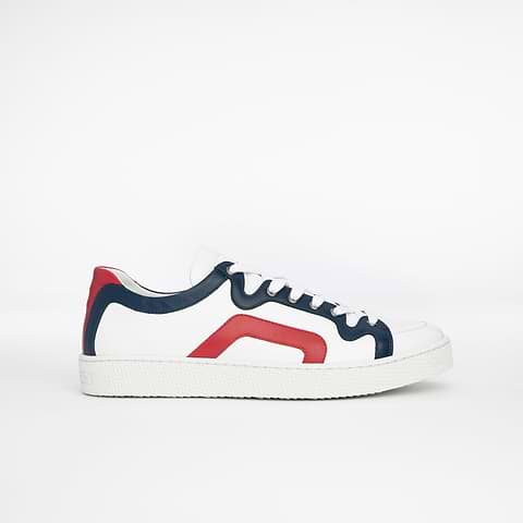 Pierre Hardy BASKETS ALPHA - HOMME, cuir de veau blanc, bleu marine et rouge