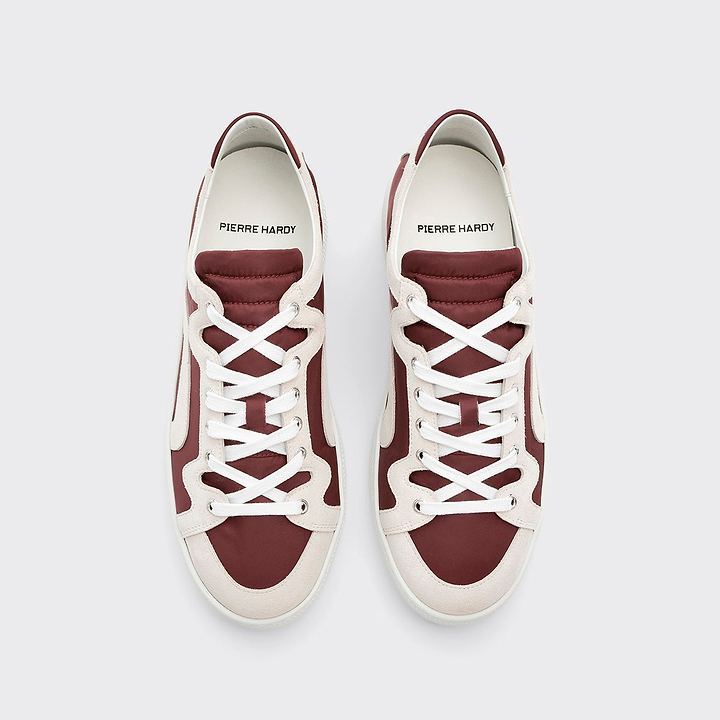 Pierre Hardy ALPHA SNEAKERS - MEN, burgundy nylon canvas and white suede calfskin, vue 3