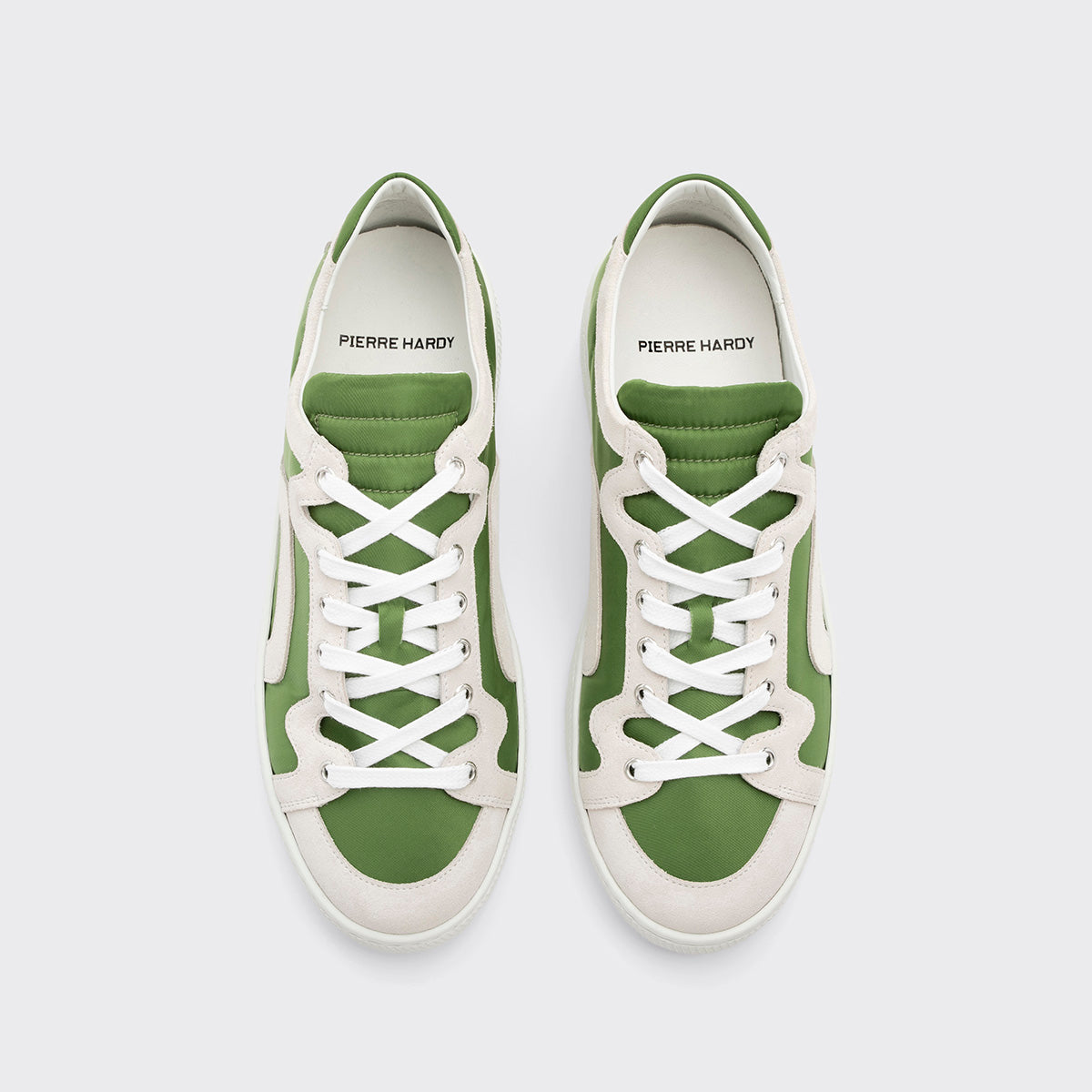 Pierre Hardy ALPHA SNEAKERS - MEN, green nylon canvas and white suede calfskin, vue 3