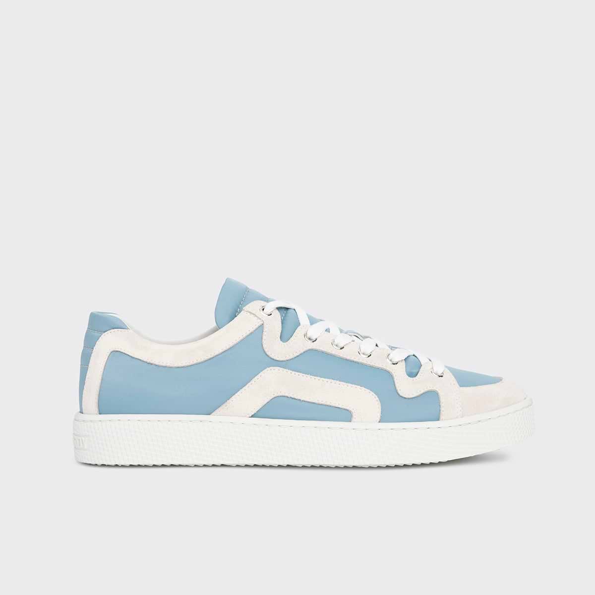 Pierre Hardy BASKETS ALPHA - HOMME, toile de nylon bleu ciel et cuir de veau velours blanc