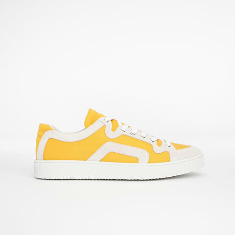 Pierre Hardy BASKETS ALPHA - HOMME, toile de nylon jaune et cuir de veau velours blanc