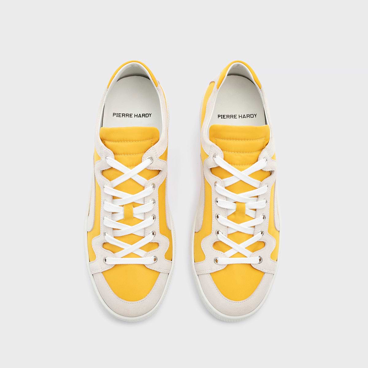 Pierre Hardy ALPHA SNEAKERS - MEN, yellow nylon canvas and white suede calfskin, vue 3